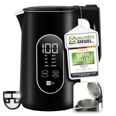 aeco AQA ELITE elektrischer Wasserkocher Edelstahl schwarz-matt mit Temperatureinstellung Tee-Kocher Teebereiter electric kettle tea-maker | 1,7 Liter, 2200 Watt, BPA-frei, Kalk-Filter, Cool-Touch