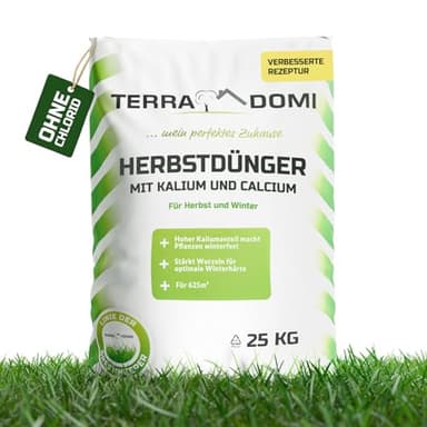 TerraDomi Rasendünger Herbst 25kg für 625m² | ohne Chlorid | Kalium Dünger für starke Wurzeln macht den Rasen winterfest | fördert Langzeitwirkung | streuwagengeeignet | Herbstdünger Rasen