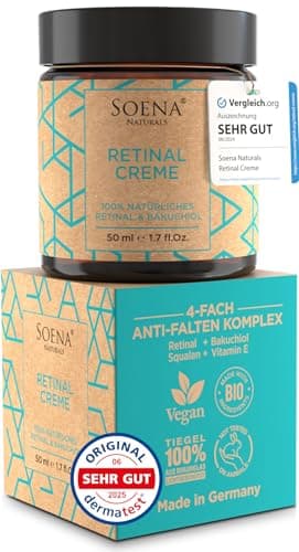 BIO Retinol Creme Hochdosiert + Power Wirkstoffe - Hyaluron, Bakuchiol, Vitamin C,E • Retinal Creme Gesicht von Soena - Feuchtigkeitscreme • Gegen Falten, Akne und vergrößerten Poren