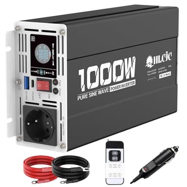 HLCJC Wechselrichter 1000W/2000W Reiner Sinus Spannungswandler 12V auf 230V, mit 1x EU Steckdose, mit 1x PD 30W USB-C, 1xQC 3.0 18W USB-A Schnellladung, LCD-Anzeige für Wohnmobil LKW KFZ