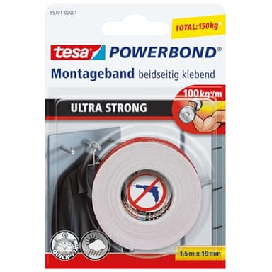 tesa Powerbond ULTRA STRONG - Doppelseitiges, extra starkes Montageband zur permanenten Befestigung im Außen- und Innenbereich - 1,5 m