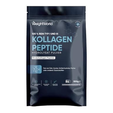 Collagen Pulver 500g - 100% reine Typ I & III Kollagen Peptide Hydrolysat Pulver - 18 Aminosäuren - Natürlicher Herkunft - Frei von Zucker & Zusatzstoffen - Rinder Collagen Peptide - WeightWorld