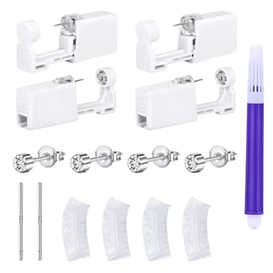 LAURITAMI 4 Stück Ohrstecker Selber Stechen Silber Set, Steril Sicherheits Ohrlochpistole mit 4mm CZ Ohrstecker, Schmerzfreies Selbst Piercing Werkzeug für Mädchen Frauen Männer
