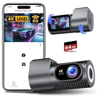 CIEVIE Dashcam Auto Vorne 4K, 1,5" IPS Display & 5G WiFi & 64GB Karte, 360° Drehbar Mini Dash Cam, Auto Kamera mit WDR Nachtsicht, 24/7 Parküberwachung, G-Sensor, Loop-Aufnahme, 170° Weitwinkel, C200