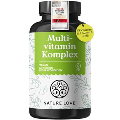 Nature Love Multivitamin Komplex – 180 vegane Kapseln – Vitamine A-Z & Mineralstoffe – mit Grünteeextrakt und Citrus-Bioflavonoiden – hochdosiert und mit Bioaktiv-Formen – laborgeprüft