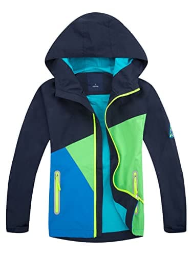 YoungSoul Kinder Regenjacke mit Farbblock Mädchen Jungen Übergangsjacke Outdoorjacke Win und Wasserdicht Windjacke mit Kapuze Marine, 130 (L)