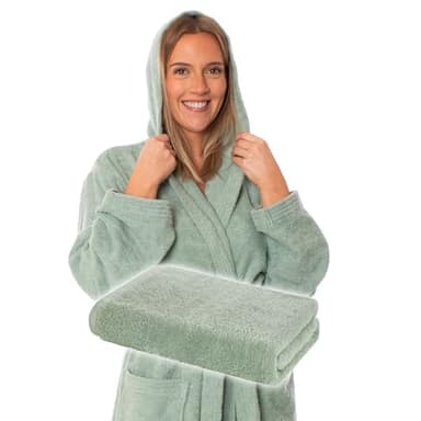 Lavea® Mexico Saunaset bestehend aus Saunahandtuch 80 x 200 und Bademantel Damen & Herren, Frottee Baumwolle, Morgenmantel mit Kapuze & Gürtel + Saunatuch Frottier, saugstark, Oeko-TEX