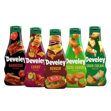Develey – Saucen-Set 5x250 ml Squeeze-Flaschen im Bundle – Bundle bestehend aus Barbecue, Curry, Burger, Süß-Sauer & Sour Cream Saucen – Ohne Konservierungsstoffe