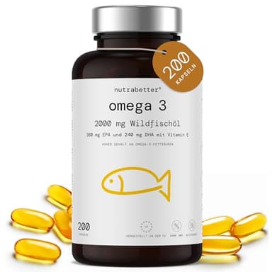 Omega 3 Kapseln 2000 mg | 200 Softgels | 600 mg reines Omega-3 + Vitamin E | Geprüfte Qualität | Hochdosierte Omega 3 Fettsäuren für Herz, Gehirn & Blutdruck | nutrabetter®