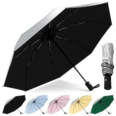 HEXSOLID 42/46 Inch UV Schirm Regenschirm Sturmfest Sonnenschirm Hand Automatik Umbrella Regenschirm Reise Winddichter Wasserdicht Mit 8 Rippen für Herren und Damen (Silber/Schwarz, 46inch)