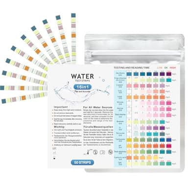 Wassertest Trinkwasser Teststreifen Kits, 50 Stück 16 in 1 Wassertester für Zuhause Leitungswasser Trinkwasser, pH, Mangan, Nitrat, Eisen, Nitrit, Kupfer, Eisenhärte
