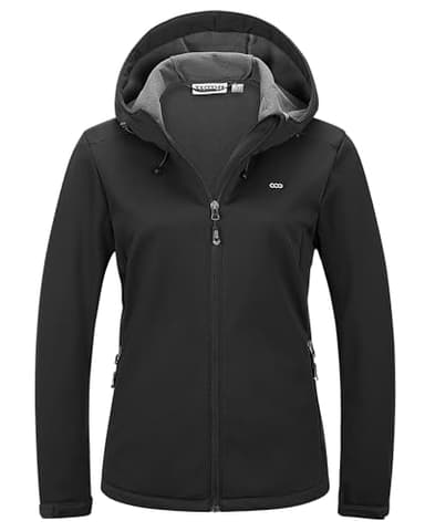 33,000ft Damen Fleece Gefütterte Softshelljacke Wasserdichte Funktionsjacke Fahhradjacke mit Kapuze Winddichte Übergangsjacke Windbreaker zum Radfahren, Wandern Schwarz 36