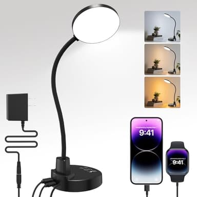 ZAPLIT 15W LED Schreibtischlampe mit USB-A & USB-C – Dimmbar, 3 Farbtemperaturen, 5 Helligkeitsstufen, 4 Timer, Flexibler 360° Schwanenhals, Augenschonend, Tischlampe für Büro & Schlafzimmer - Schwarz