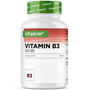 vit4ever Vitamin B3 (Niacin) - 500 mg Nicotinamid - 365 Tabletten - Hochdosiert - Flushfree - 12 Monatsvorrat - Ohne unerwünschte Zusätze - Vegan