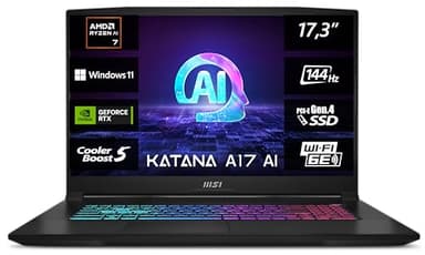 MSI Katana A17 AI, Gaming Laptop, 43,9 cm (17,3") FHD, AMD Ryzen 7 8845HS Prozessor, 16 GB DDR5 RAM, 1 TB SSD, NVIDIA GeForce RTX 4060, Windows 11 Home, QWERTZ Tastatur, Schwarz, B8VF-840
