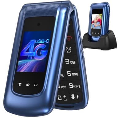 4G Klapphandy Seniorenhandy mit Großen Tasten Handy, Dual-SIM Flip Mobiltelefon mit Ladestation | SOS Notruffunktion | Kurzwahl | Taschenlampe | FM-Radio | 2,4+1.77 Zoll Dual Farbdisplay | Blau