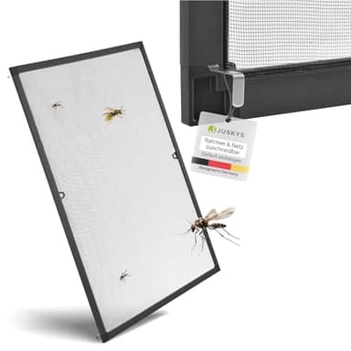 Juskys Fliegengitter Fenster 110x130 cm – Insektenschutz mit Alu Rahmen zum Einhängen, Montage ohne Bohren, Mücken- & Fliegenschutzgitter – Grau
