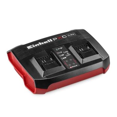 Original Einhell Ladegerät Power X-Twincharger 4A Power X-Change (18 V, gleichzeitiges Laden von 2x 18 V Akkus, Akkuüberwachung, Lademanagementsystem, Refresh-Modus)