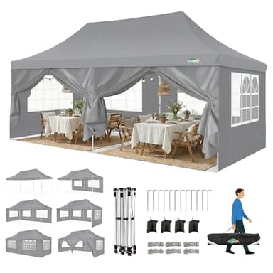 COBIZI Faltpavillon 3X6, Pavillon 3x6m Wasserdicht Stabil Winterfest, Faltbar Partyzelt mit 6 Seitenwänden & 4 Sandsack Pop up Gartenpavillon Anti-UV für Hochzeiten, Freien, Grau
