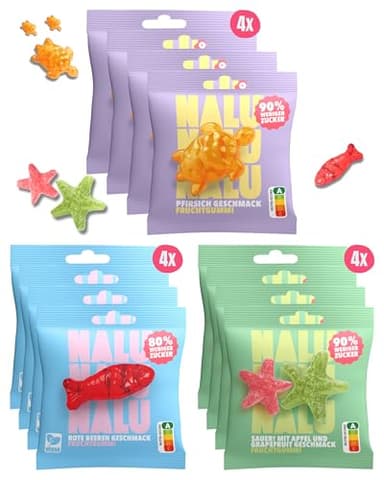 NALU Fruchtgummis Probierpaket | bis 90% weniger Zucker als herkömmliche Fruchtgummi | Low Carb Gummibärchen ohne Zucker Zusatz | Fast zuckerfrei | kalorienarme Low Calorie Vegane Süßigkeiten