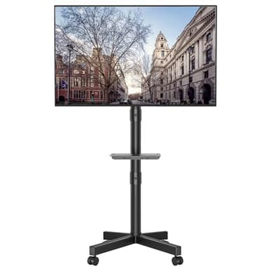 BONTEC TV Ständer auf Rollen, Neigbar, Höhenverstellbarer Rollbarer TV Ständer Rollbar mit Medienablage für 24–60 Zoll LED, LCD, OLED-Flach- und Gebogene Fernseher, hält bis zu 40 kg