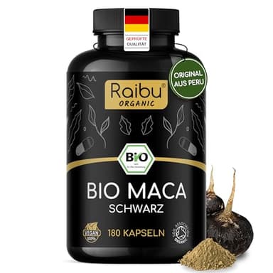 BIO Maca Kapseln (Schwarz) - 3200 mg je Tagesdosis (entspricht 12.800 mg Maca-Wurzel aus Peru), mit natürlichem Vitamin C - Bio-zertifiziert, vegan & ohne Magnesiumstearat