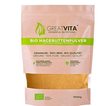 GreatVita Bio Hagebuttenpulver 1000g | Schonend gemahlenes Pulver aus 100% Bio Hagebutten | Reich an Vitaminen, Ballaststoffen & Mineralstoffen | Fruchtig-säuerlicher Geschmack Ideal für Smoothies