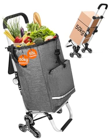 Homecall Einkaufstrolley klappbar Einkaufswagen mit 50L + 5L kühlfunktion Bis 50KG, Einkaufstasche mit Rollen 3 in 1 Shopping Trolley & Sackkarre & Umhängetasche (Dunkelgrau, Treppensteiger)