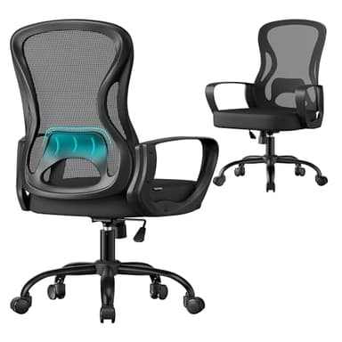 SONGMICS Bürostuhl ergonomisch, Drehstuhl mit Netzgewebe, Schreibtischstuhl mit Lendenstütze, Wippfunktion, Armlehnen, für Arbeitszimmer, Schlafzimmer, tintenschwarz OBN043BH02