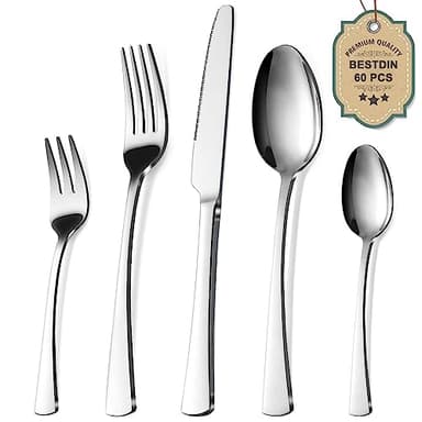 Bestdin Besteck Set 12 Personen, 60 teilig Edelstahl Besteckset, Essbesteck Set mit Messer Gabel Löffel, Hochwertiges Edelstahlbesteck, Spülmaschinenfest.
