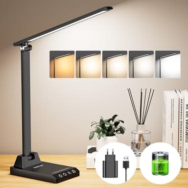 Schreibtischlampe LED Dimmbar - Tischlampe Kabellose mit 2500 mAh Wiederaufladbarem Akku, 5 Farben und 10 Helligkeitsstufen, USB Ladeanschluss, Bürolampe LED Schreibtischlampe für Kinder Büro, Schwarz