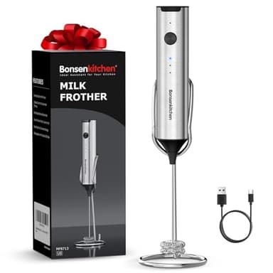 Bonsenkitchen Wiederaufladbarer Handmilchaufschäumer mit Ständer, 3-Geschwindigkeiten elektrischer Milchaufschäumer, abnehmbarer Edelstahl-Mixer, geräuscharmes Design für Latte, Matcha, Küchengeschenk