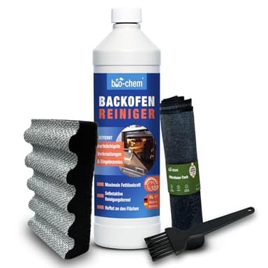 bio-chem Backofenreiniger EXTRA STARK | 1000 ml inkl. Schwamm, Mikrofasertuch & Pinsel | Löst Eingebranntes ohne Vorheizen & Schrubben | Selbstwirkender Fettlöser | Chlorfrei & geruchsarm