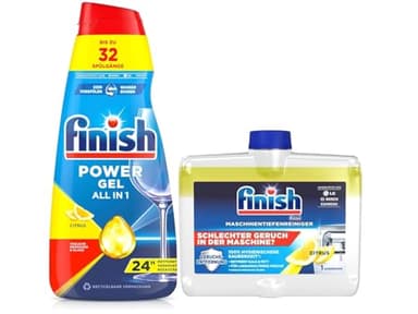 Finish Power Gel Citrus 650 ml, Maschinenpfleger 2-Phasen Citrus 250 ml – Kraftvolle Reinigung und Schutz für Ihre Spülmaschine, beseitigt Fett & Kalk für strahlende Sauberkeit und frischen Zitrusduft