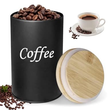 Kaffeedose luftdicht, 500ML Kaffeebohnen Behälter mit Holz-Deckel,Vorratsdose Kaffee rund, Kaffeedose für gemahlenen Kaffee, Kaffeekapseln,Tee Nüsse Aufbewahrung, Küchen-Vorratsdosen (Schwarz)
