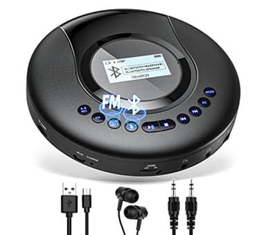 CD Player Tragbar, Arafuna Tragbarer CD-Player Bluetooth für Auto und Kinder, 2000mAh wiederaufladbarer Discman mit LCD-Bildschirm, Anti-Shock-Schutz FM, Kopfhörer