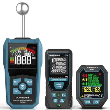 DURFICST Haustest-Kit, 3-in-1-Feuchtigkeitsmessgerät&Laser Entfernungsmesser&Steckdosentester, Feuchtigkeitsmesser Erkennt 20-40mm, 70m Entfernungsmesser mit 4 Einheiten, Steckdosenprüfer mit RCD