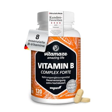 Vitamin B-Komplex extra hochdosiert, 120 vegane Tabletten für 4 Monate, Alle B-Vitamine mit optimaler Bioverfügbarkeit, Natürliche Nahrungsergänzung ohne Zusatzstoffe