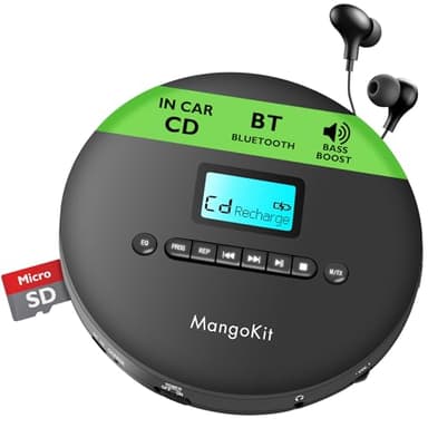 MangoKit CD-X Bluetooth CD Player, MP3 Player, Kopfhörer, Discman mit Anti-Skip-Funktion, USB&AUX-Ausgang, 2000mA hederaufladbarer Tragbarer CD Player, für Reisen, Sprachenlernen, Ideal für Autos