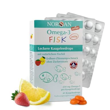 NORSAN Omega 3 FISK Jelly 45 hochdosiert-Omega 3 für Kinder (250 mg pro Kaugeleedrops) - Omega Öl mit EPA & DHA-Tagesdosis mit Zitrone-Erdbeer-Geschmack 4 Kapseln Premium für Kinder