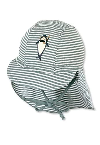 Sterntaler Schirmmütze Hai – UV-Schutz 50+ Baby Mütze mit Nackenschutz & Bindeband – Sonnenmütze aus Seersucker mit Hai-Druck – Bademode für Schwimmbad und Strand, mattgrün, Größe 51