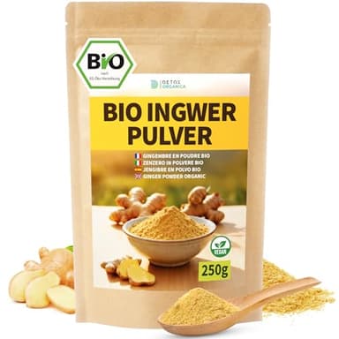 Detox Organica Ingwerpulver Bio 250g, 100% reiner Ingwer gemahlen, Ingwerwurzel schonend getrocknet und fein vermahlen, Ingwertee Ingwerwasser Smoothies und zum Kochen, Ginger Powder