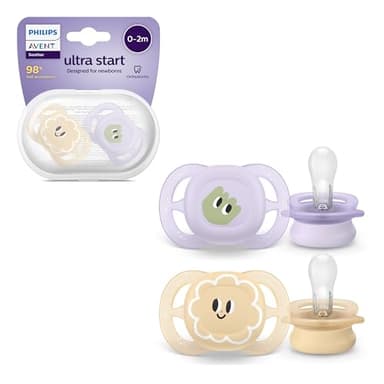 Philips AVENT Ultra Start Schnuller, kiefergerecht geformter Schnuller für Neugeborene, BPA-frei, mit Sterilisations-,Transportbehälter, Doppelpack, lila,orange, Modell SCF075/03