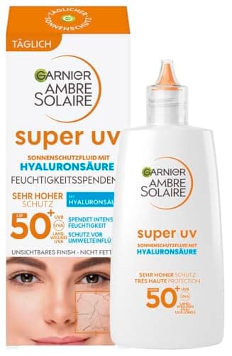 Garnier Ambre Solaire LSF 50+ Super UV Fluid, mit Hyaluronsäure für tägliche Pflege, ultraleicht & mattierend für das Gesicht, unsichtbar, Schutz vor Sonnenbrand & Pigmentflecken, 40ml