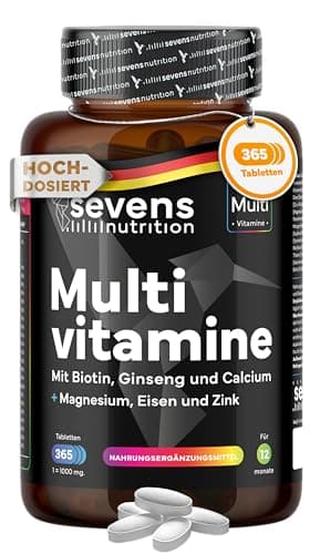 Multivitamin Premium - 365 Multivitamin Tabletten Hochdosiert - Mit Magnesium, Zink, Vitamin B Komplex, Vitamin D & Biotin - Mit 26 Vitamine & Mineralien - 1 Jahres Vorrat - Laborgeprüft - Sevens