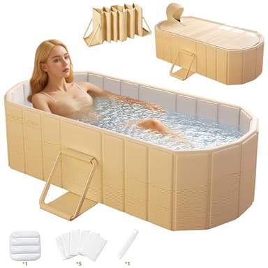 Faltbare Badewanne mit Deckel für Eis- & Heißbäder, mobile Badewanne für Erwachsene Indoor & Outdoor, inkl. Kissen, 5 Wannenliner, Abflussrohr, montagefrei, ideal für Familien-Spa & Paardusche, 150cm