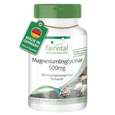 Fairvital | Magnesiumbisglycinat 500mg - 90 Kapseln - mit 200mg Magnesium pro Tagesdosis - qualitätsgeprüft und hochdosiert - 100% vegan - Made in Germany