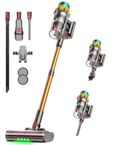 Akku Staubsauger 50000Pa/600W/65Min, Kabelloser Stabstaubsauger mit 2L Staubbehälter, Selbststehend, LED-Display, 8-Schicht-Filtration, Flexible Fugendüse, Leicht für Hartböden, Teppiche (Golden)