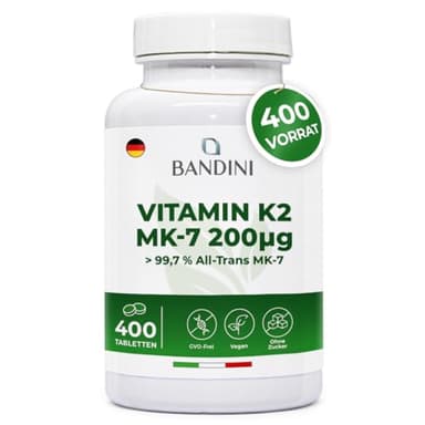 Bandini® Vitamin K2 MK-7 200µg (mcg) VEGAN | 400 Mikrotabletten | K2 rein natürliches Menachinon 7 | All-trans Gehalt >99,7% Vitamin K 2 | Blut- und Knochengerinnung | 1 Tablette pro Tag für 1 Jahr