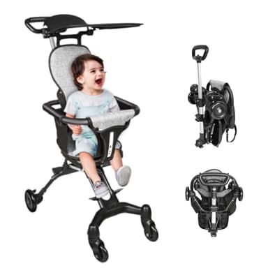 OHMG Kinderwagen,Reisebuggy, leicht und kompakt, Handgepäckgröße, faltbarer Reise-Kinderwagen mit Liegefunktion, einhändig faltbar,ab 6 Monaten,mit bidirektionalem drehbarem Sitz (A-Schwarz+Grau)